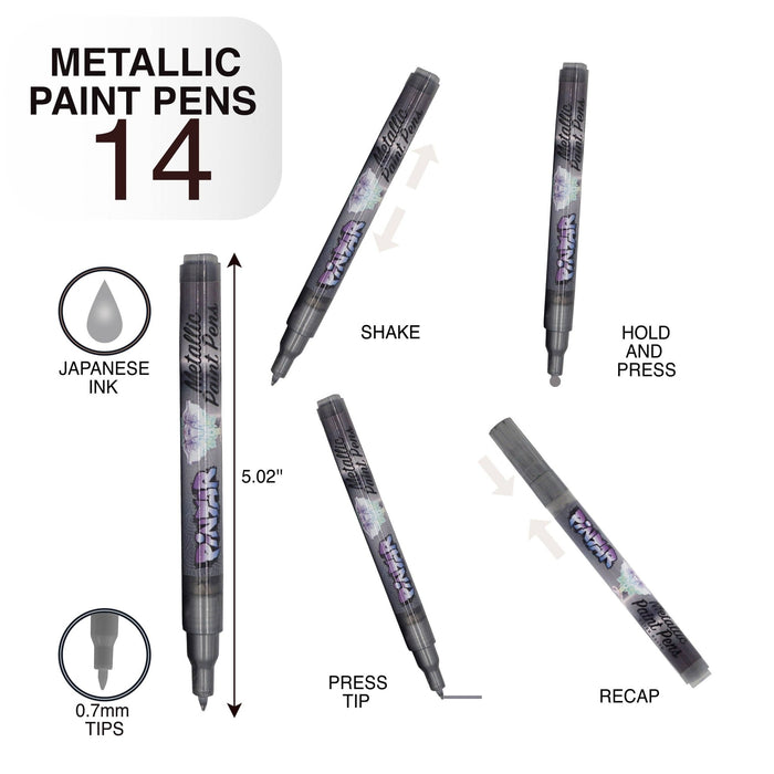 PINTAR Metallic Paint Pens - 14 Pack, 0.7MM Fine Tip - Art Department LLC