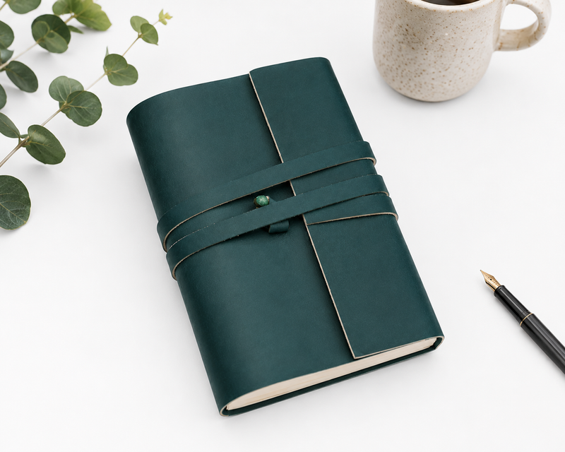 Handmade Green Leather Journal, 7 x 5 Inch - Unlined