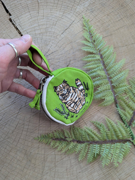 Coin pouch | cat - green zipper bag with waterproof lining