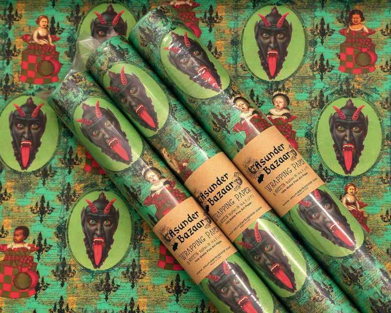 Krampus Children Collage Wrapping Paper Set 3 Sheet Roll - Art Department LLC