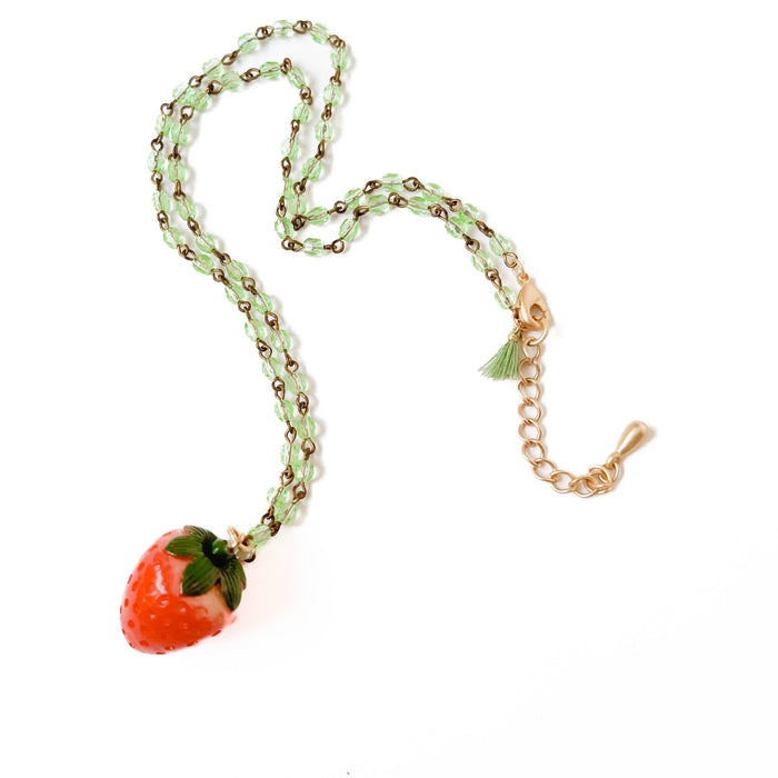 Strawberry Charm Necklace with Green Beads - Art Department LLC