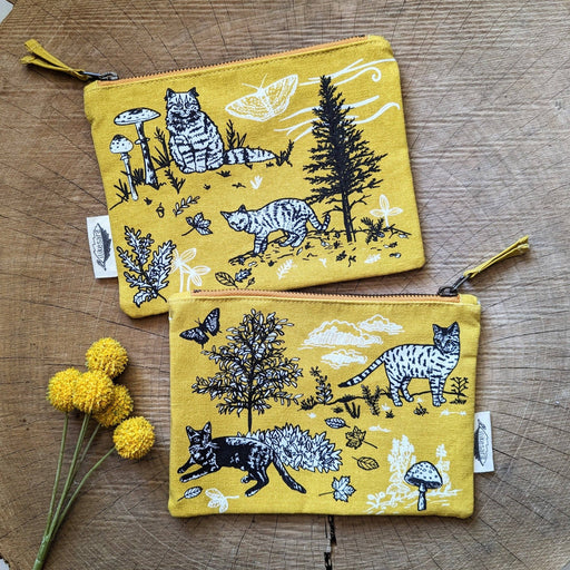 Outside cats - yellow pencil pouch, art supply bag with waterproof lining - Art Department LLC