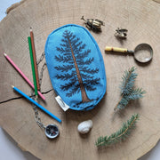 Zippered pouch | eastern white pine - blue tree/forest pencil, supply, makeup bag with waterproof lining - Art Department LLC
