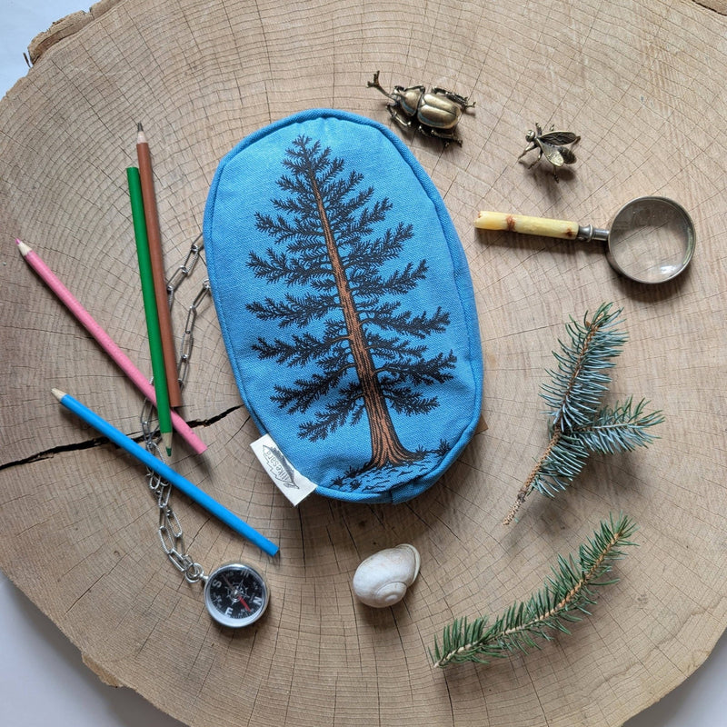 Zippered pouch | eastern white pine - blue tree/forest pencil, supply, makeup bag with waterproof lining - Art Department LLC