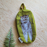 Zippered pouch | cicada - yellow & brown bug/insect pencil, supply, makeup bag with waterproof lining - Art Department LLC