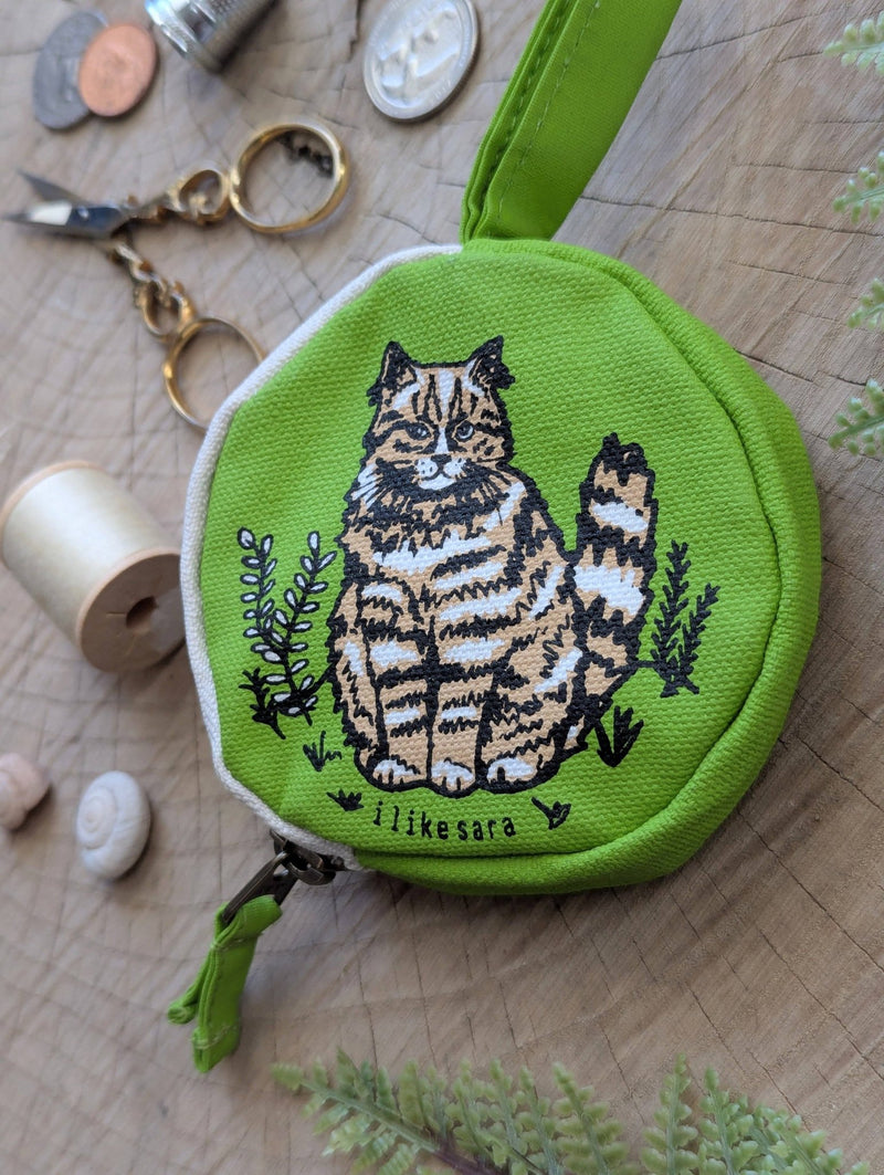 Coin pouch | cat - green zipper bag with waterproof lining - Art Department LLC