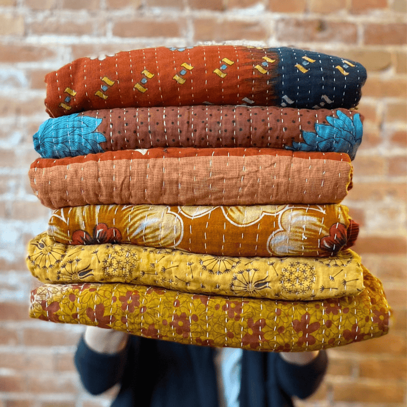 Kantha Throw Blanket Quilt | Recycled Cotton Sari Unique - Art Department LLC