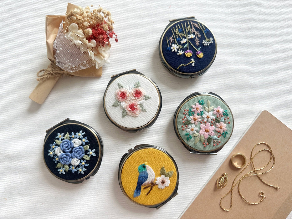Floral Embroidered Round Jewelry Box With Mirror - Art Department LLC