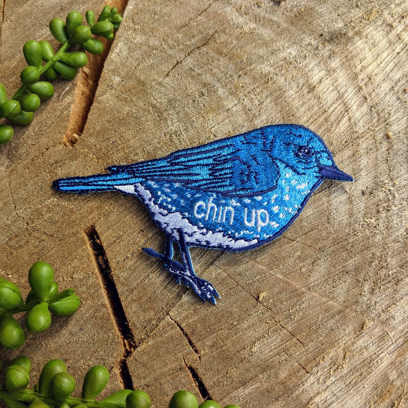 Iron-on patch | chin up blue bird - 3.75" x 2.7" - Art Department LLC