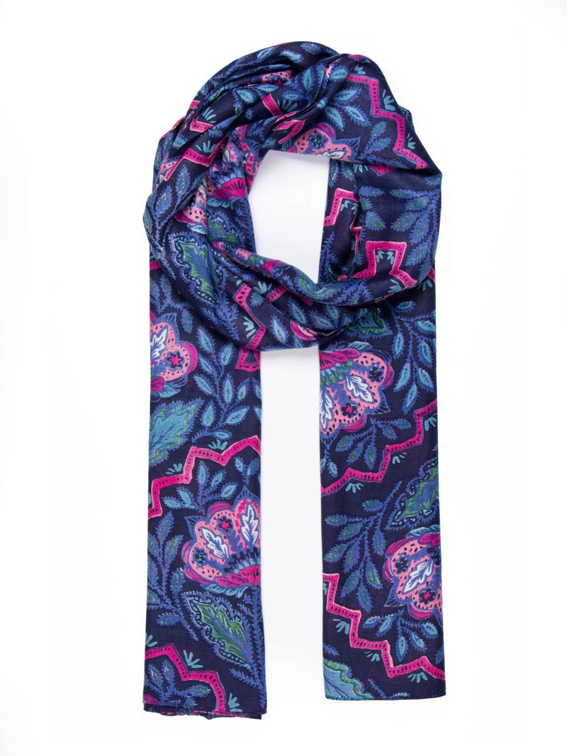 Fern Lightweight Scarf - Navy Blue, Floral Mosaic - Art Department LLC