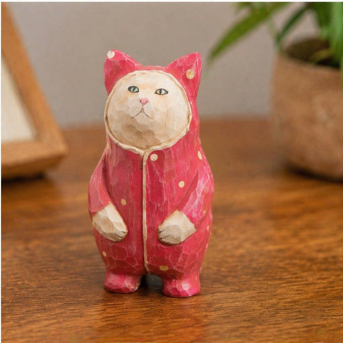 Hand-Carved & Painted Polka-dot Wood Cat Figurine