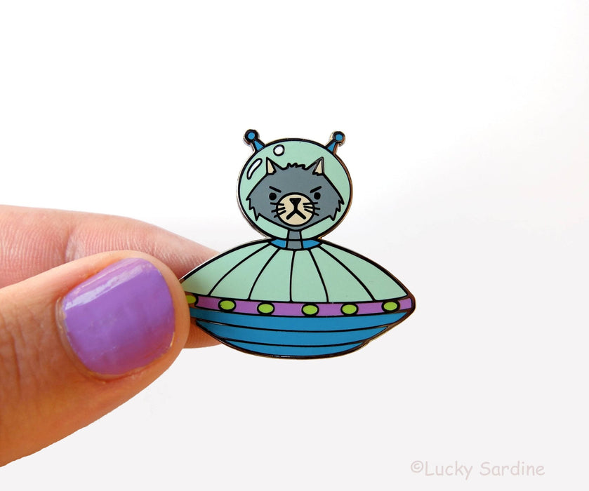 Cat Alien UFO, Feline Spaceship Spacecraft Enamel Pin - Art Department LLC