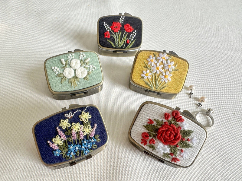 Floral Embroidered Rectangle Mini Jewelry Box With Mirror - Art Department LLC
