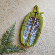 Zippered pouch | cicada - yellow & brown bug/insect pencil, supply, makeup bag with waterproof lining - Art Department LLC