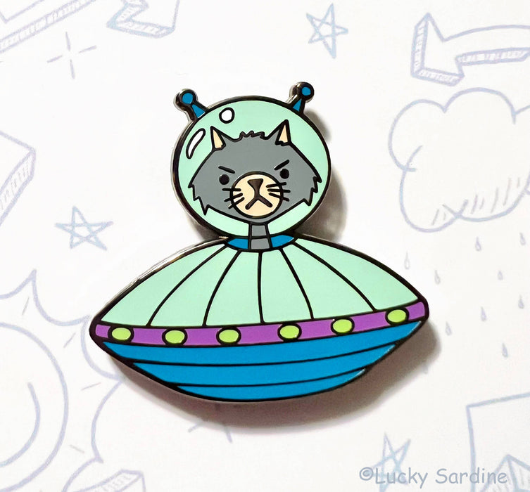 Cat Alien UFO, Feline Spaceship Spacecraft Enamel Pin - Art Department LLC