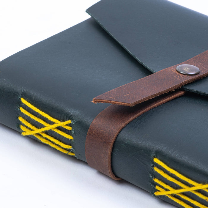 Leather Snap Journal with Lined Pages, stitching on spine
