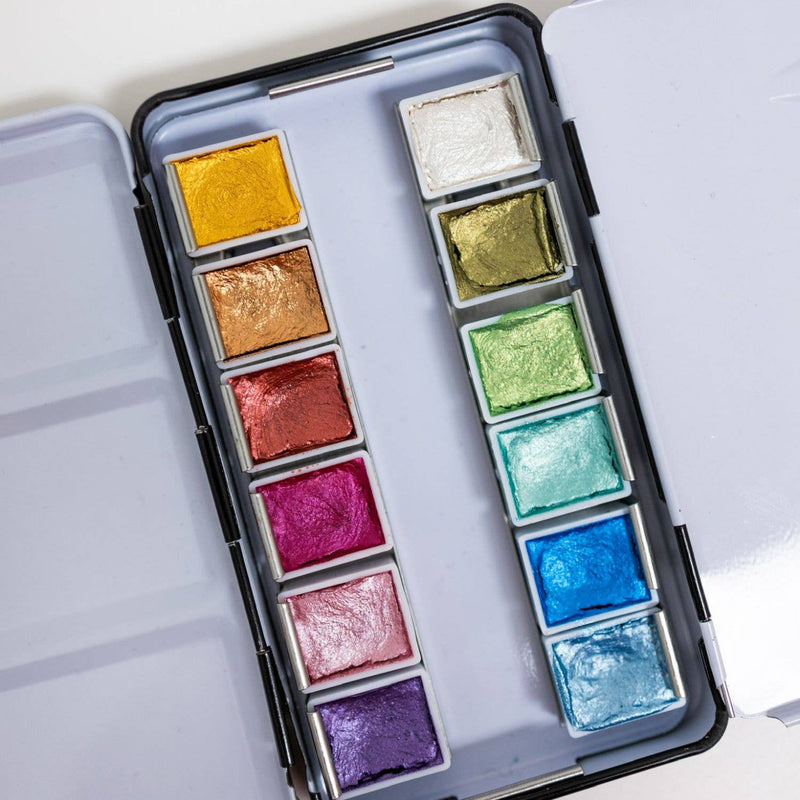 12 Color Travel Metallic Watercolor Paint Palette - Art Department LLC