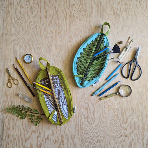 Zippered pouch | cicada - yellow & brown bug/insect pencil, supply, makeup bag with waterproof lining - Art Department LLC