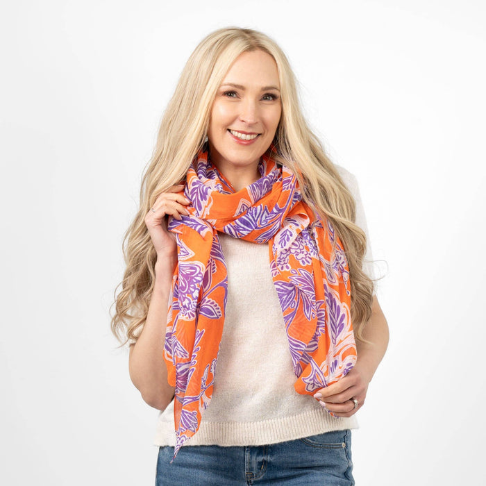 Farrah Lightweight Cotton Scarf - Orange/Purple Floral Print - Art Department LLC