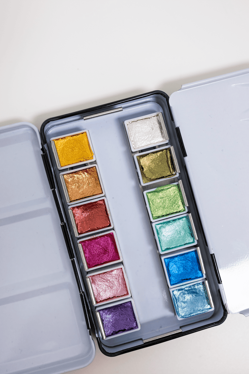 12 Color Travel Metallic Watercolor Paint Palette - Art Department LLC