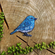 Iron-on patch | chin up blue bird - 3.75" x 2.7" - Art Department LLC