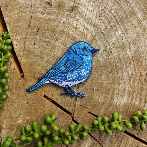 Iron-on patch | chin up blue bird - 3.75" x 2.7" - Art Department LLC
