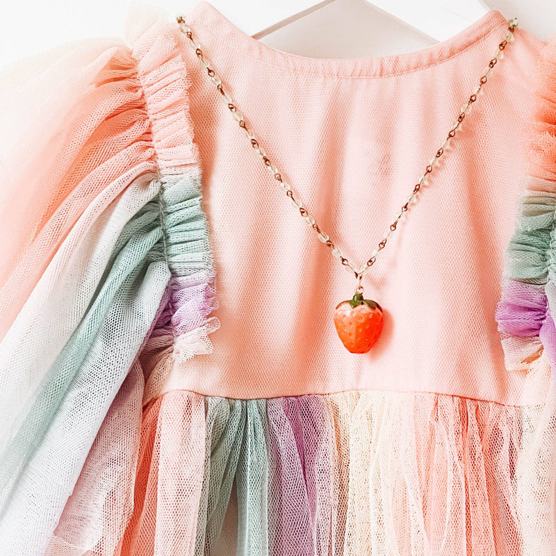 Strawberry Charm Necklace with Green Beads - Art Department LLC