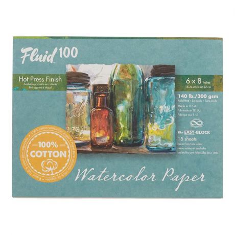 Fluid 100 Hot Press Watercolor Paper Easy-Block 15 Sheets | Global Art